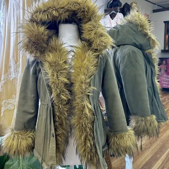 Vintage Olive Green Faux Fur Parka Coat Y2K Boho Festival Jacket Street Style - Picture 5 of 12